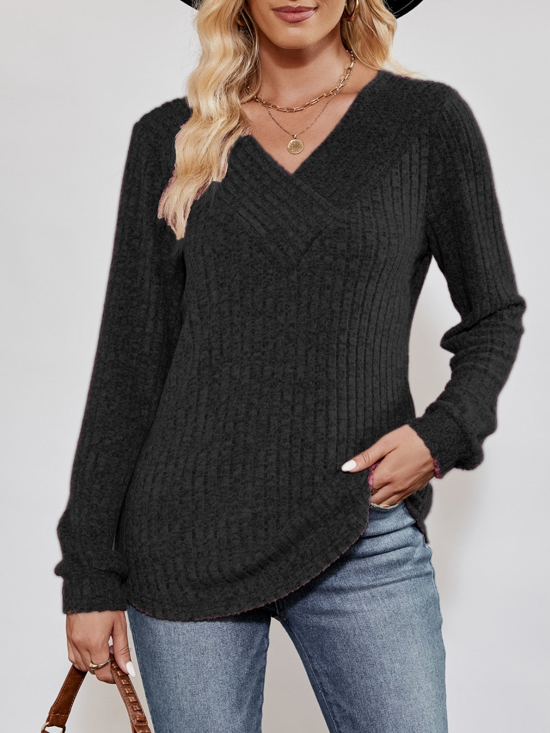 V-Neck Ribbed Long Sleeve Top