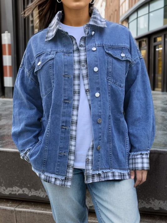 Plus Size Plaid Collared Neck Raw Hem Denim Jacket 