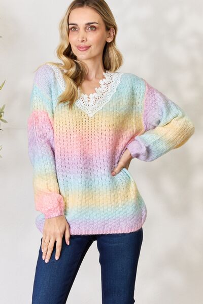 BiBi Rainbow Gradient Crochet Deetail Sweater 