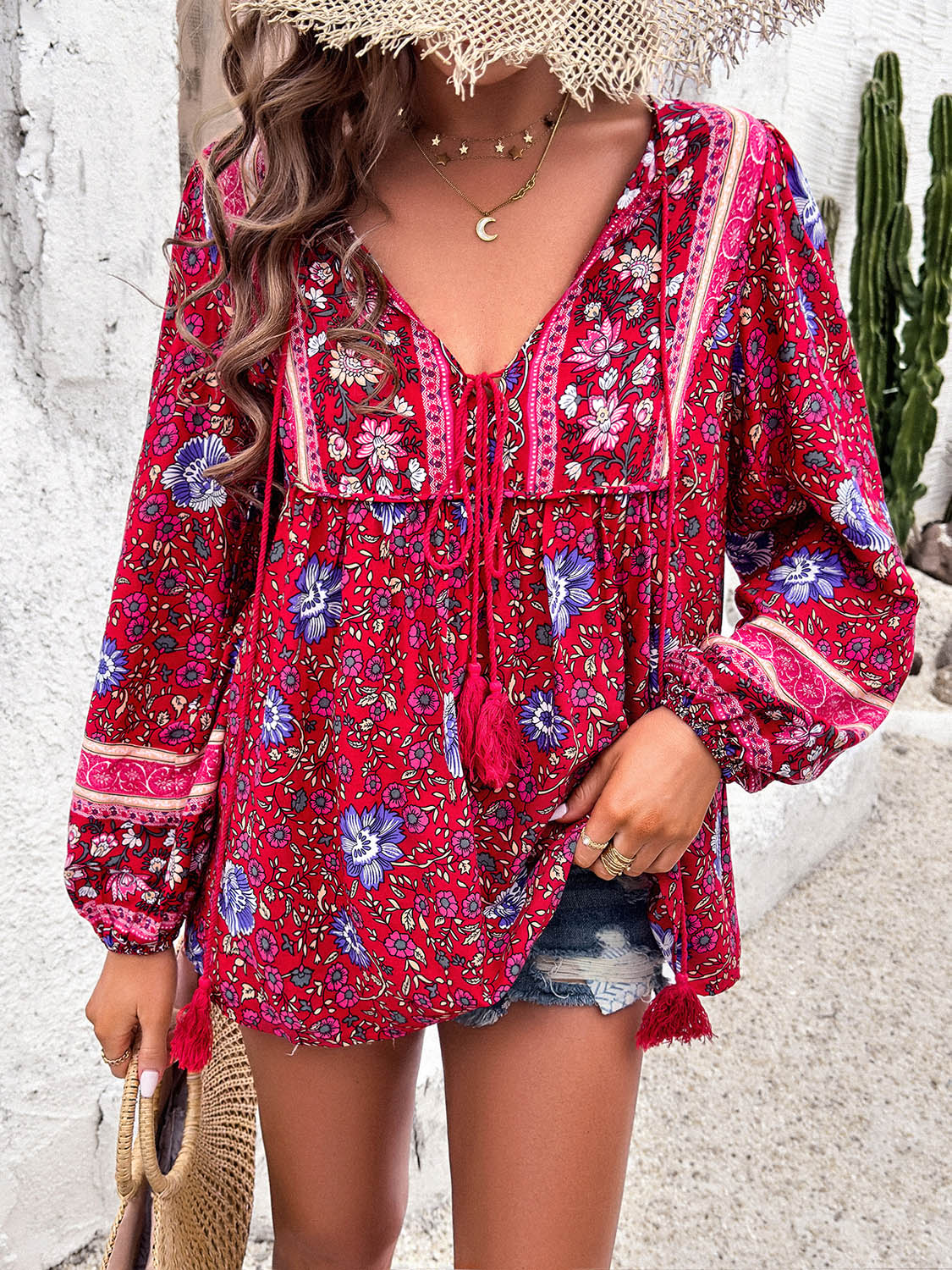 Printed Tie Neck Long Sleeve Blouse - Babbazon Tops