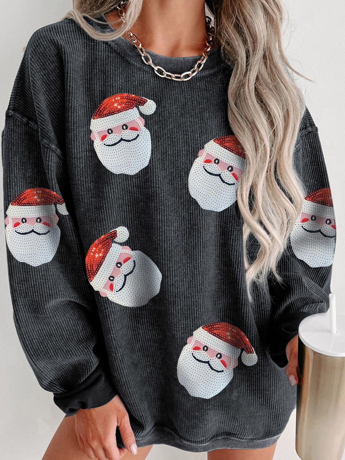 Sequin Santa Patch Ribbed Sweatshirt - Babbazon Sparkly Clothes