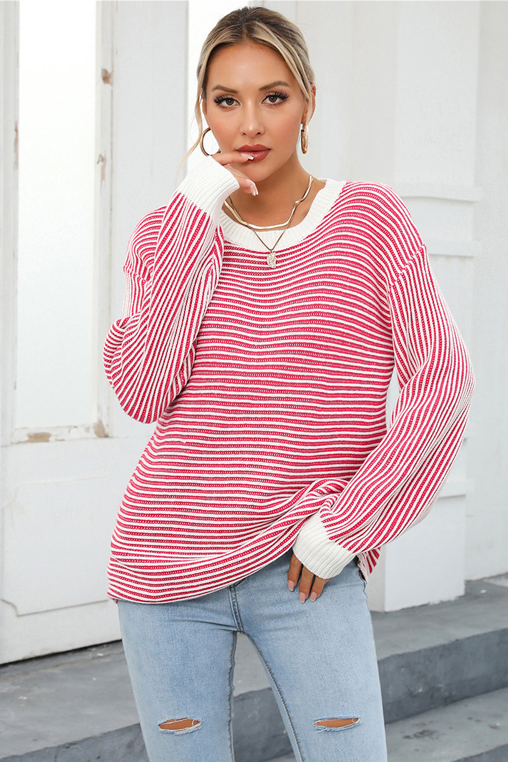 Striped Round Neck Long Sleeve Knit Top 