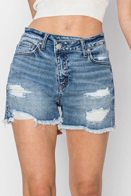 RISEN Stepped Waist Frayed Denim Shorts 