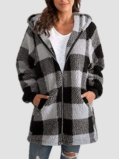 Plaid Zip Up Hooded Jacket with Pockets 