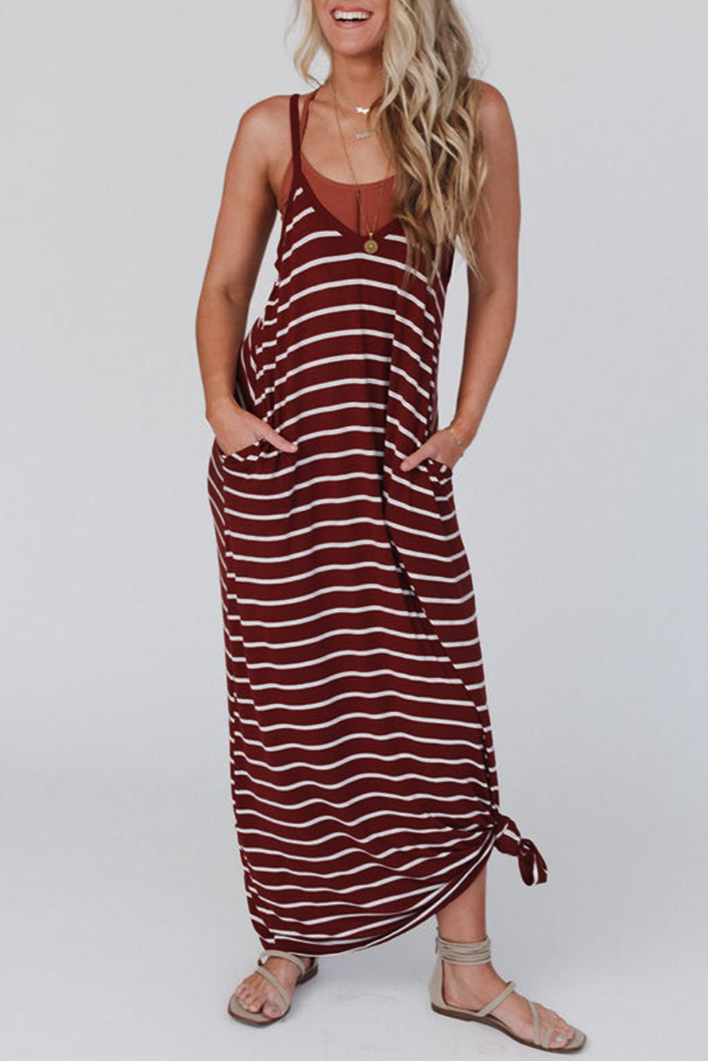 Pocketed Striped Scoop Neck Maxi Cami Dress 