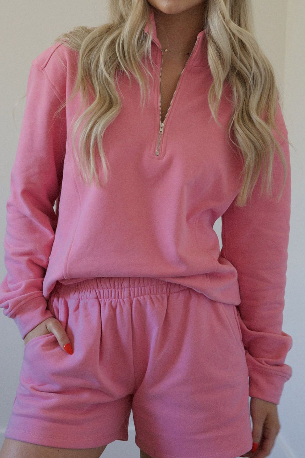 Half Zip Long Sleeve Sweatshirt and Shorts Set 