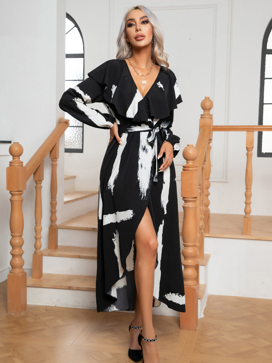 Printed Tie Front Ruffle Trim Long Sleeve Dress 