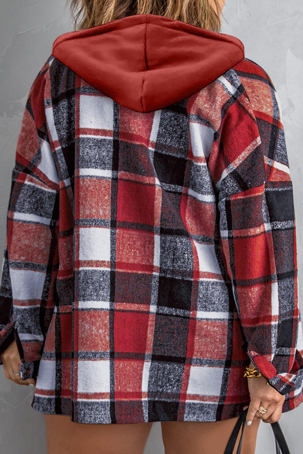 Plus Size Plaid Button Up Hooded Jacket 