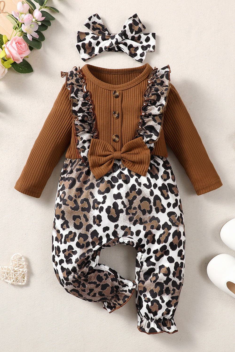 Leopard Bow Round Neck Long Sleeve Jumpsuit 