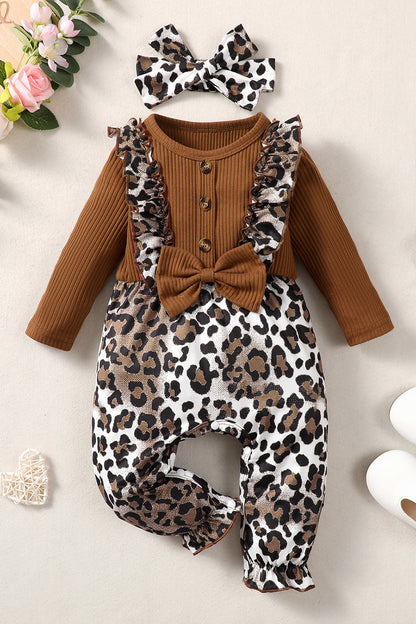 Leopard Bow Round Neck Long Sleeve Jumpsuit 