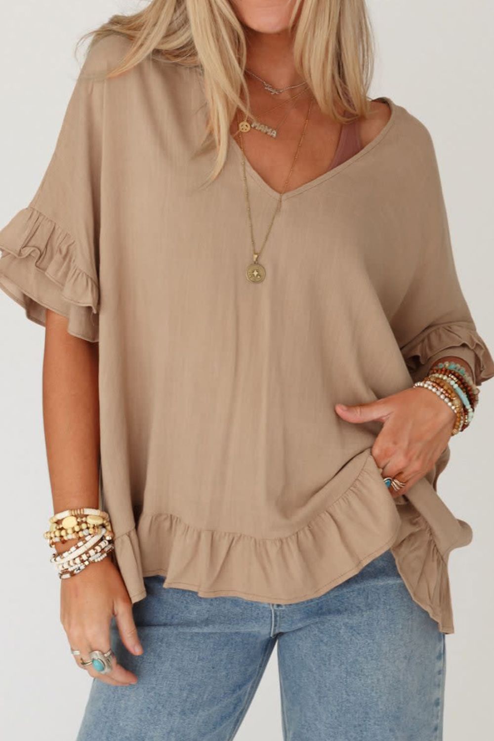 Ruffled V-Neck Half Sleeve Blouse - Babbazon Tops