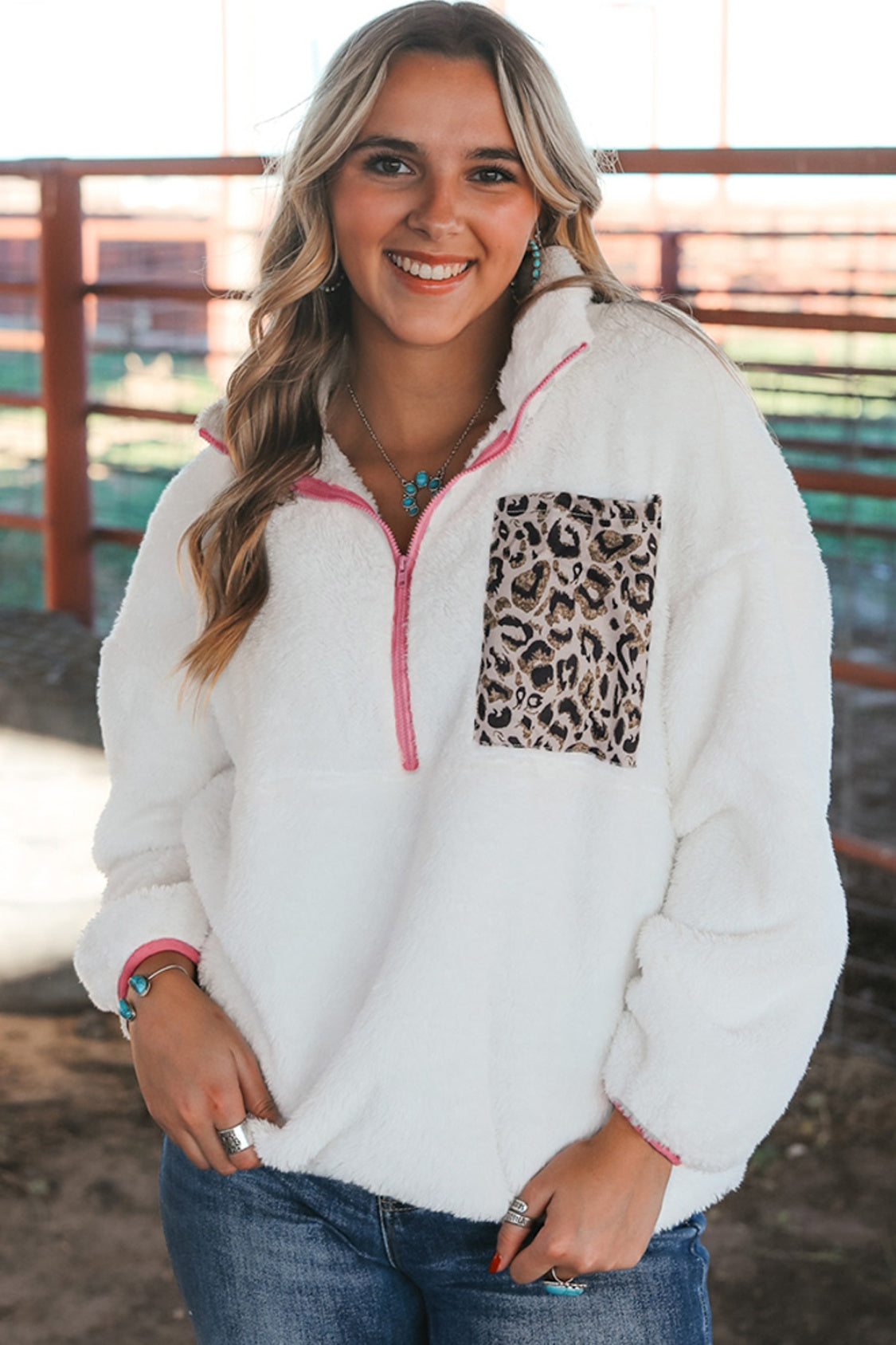 Half Zip Leopard Contrast Long Sleeve Sweatshirt - Babbazon sweatshirt