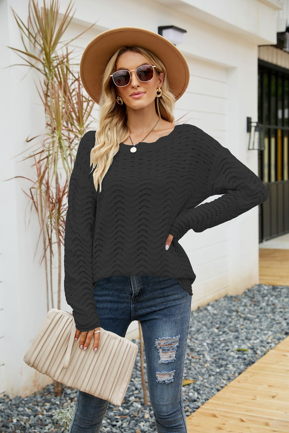 Woven Right Scalloped Boat Neck Openwork Tunic Sweater