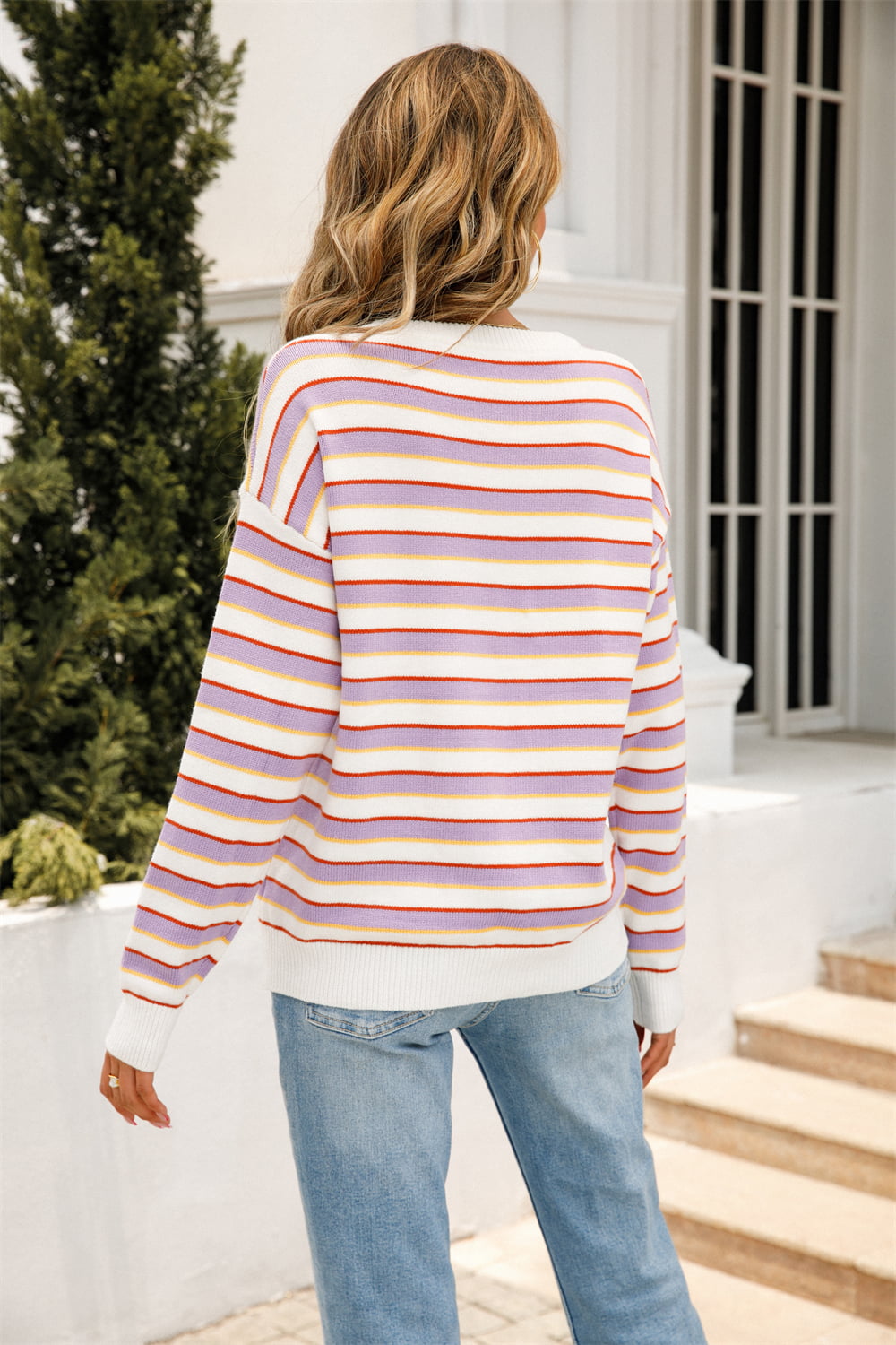 Striped Round Neck Dropped Shoulder Knit Top 