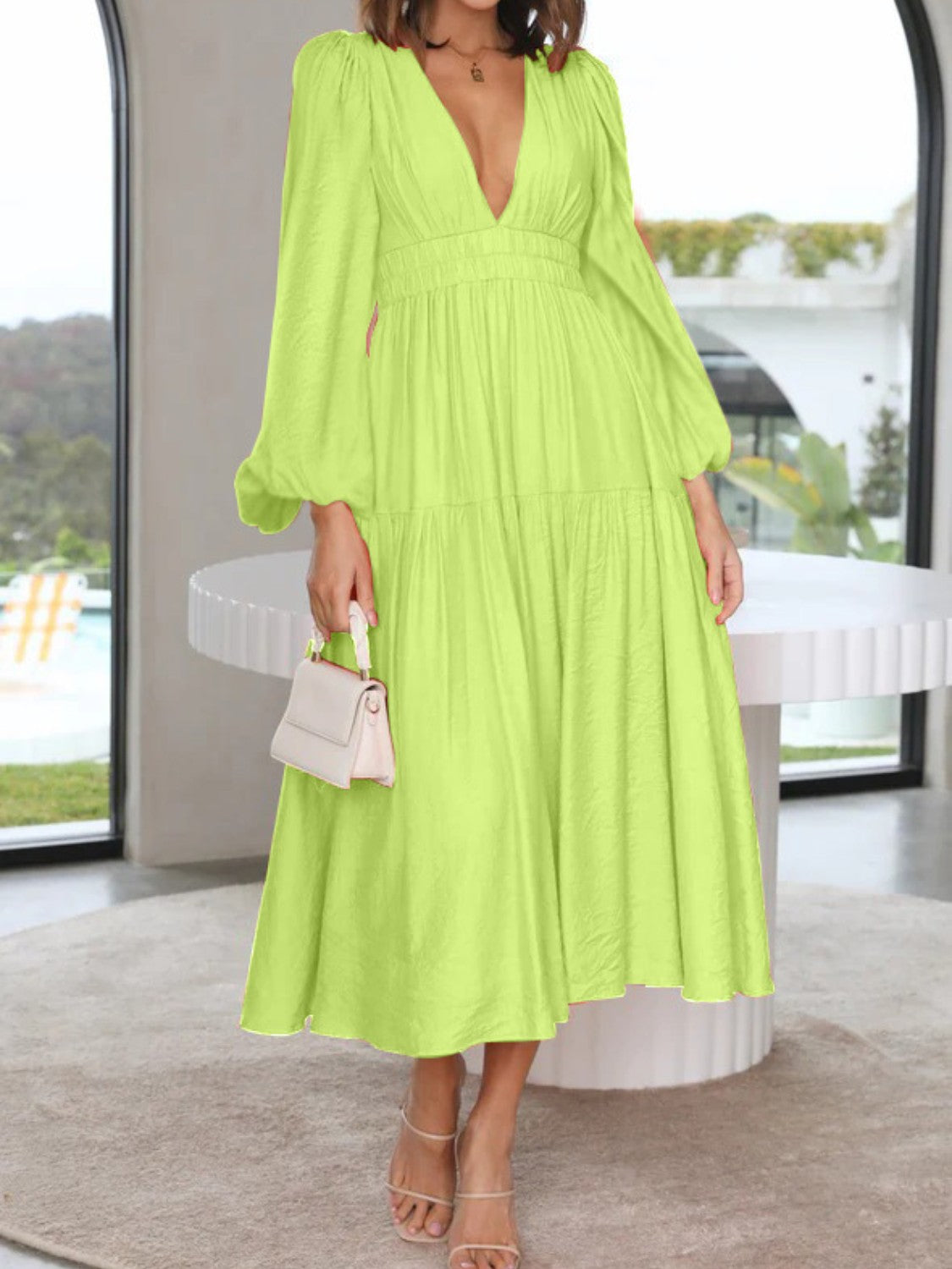 Deep V-Neck Balloon Sleeve Plain Maxi Dress - Babbazon Midi Dress