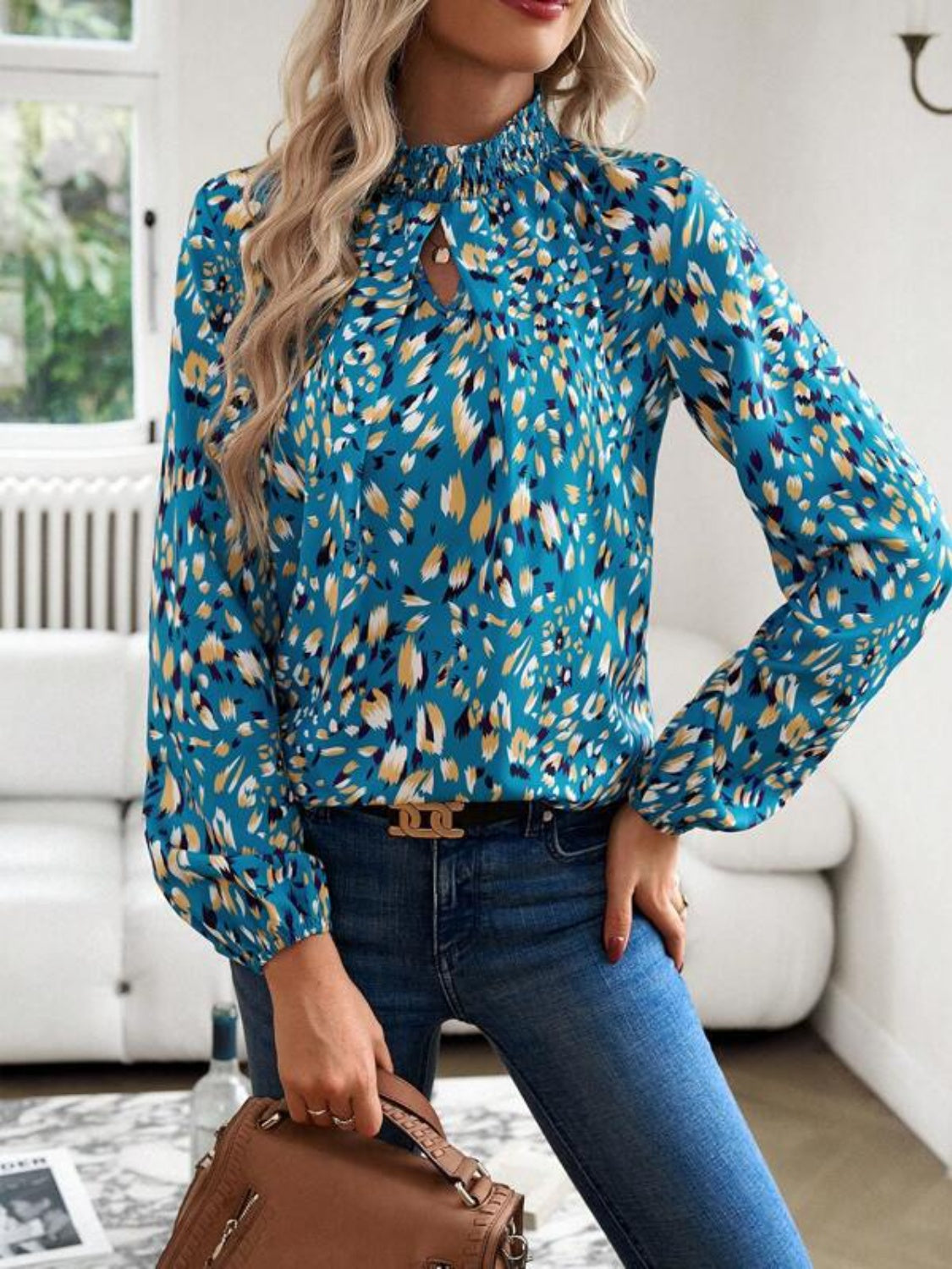 Cutout Printed Mock Neck Balloon Sleeve Blouse 