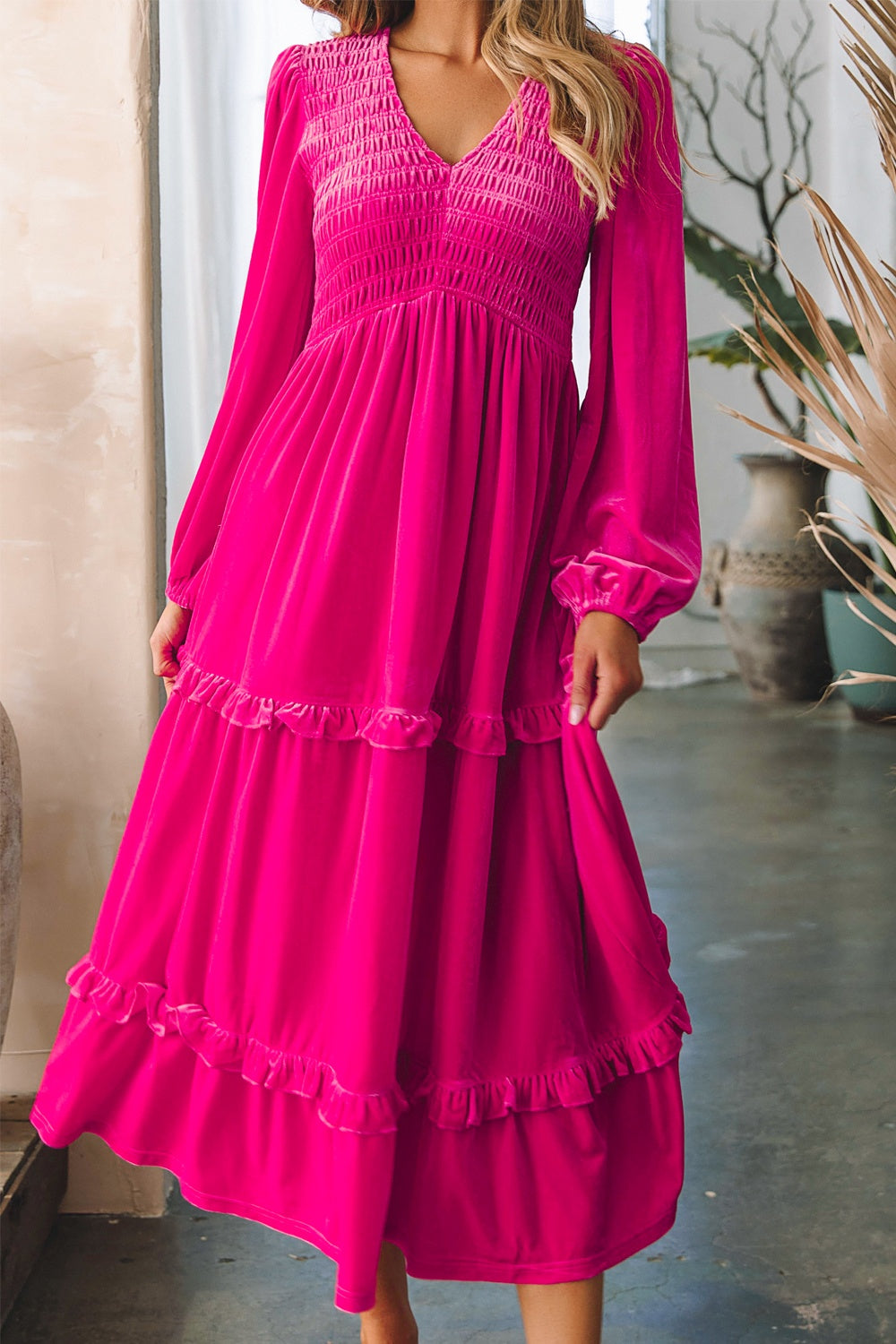 Frill V-Neck Balloon Sleeve Tiered Dress 