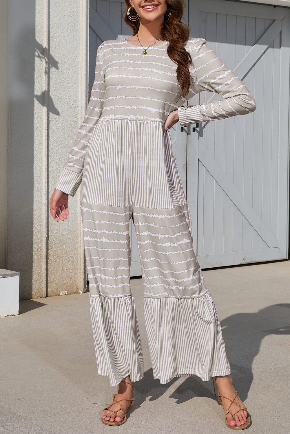 Striped Round Neck Long Sleeve Jumpsuit - Babbazon jumpsuit