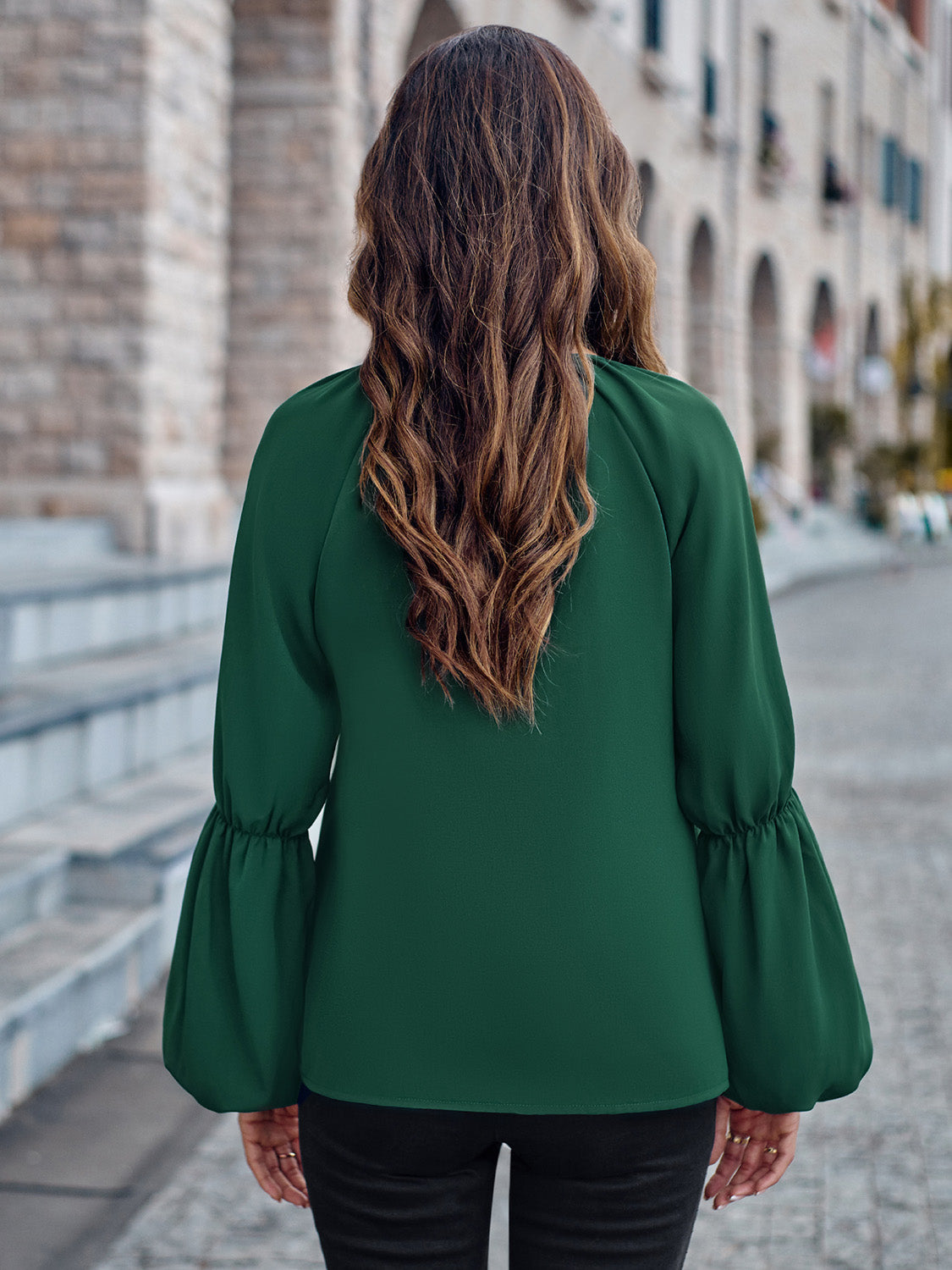 Notched Neck Long Sleeve Top 