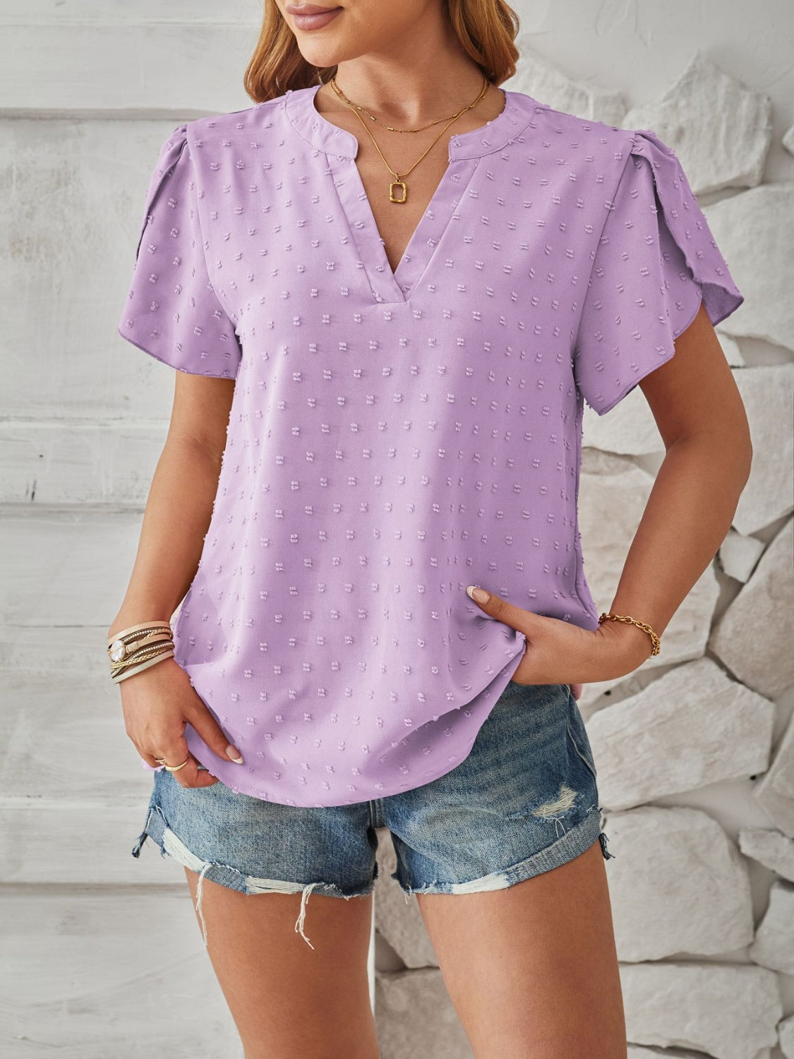 Swiss Dot Notched Petal Sleeve T-Shirt 