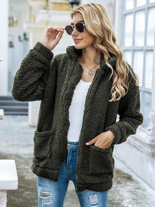 Fuzzy Zip Up Pocketed Jacket 