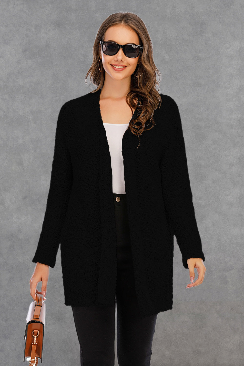 Pocketed Open Front Long Sleeve Cardigan 