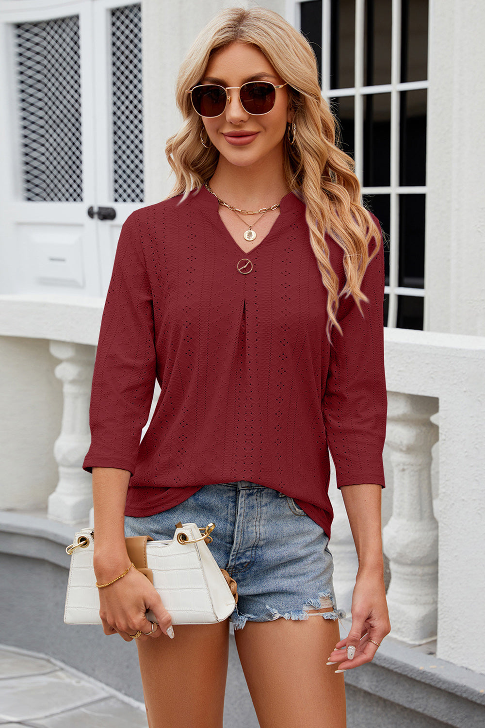 Eyelet Notched Knit Jacquard Top 