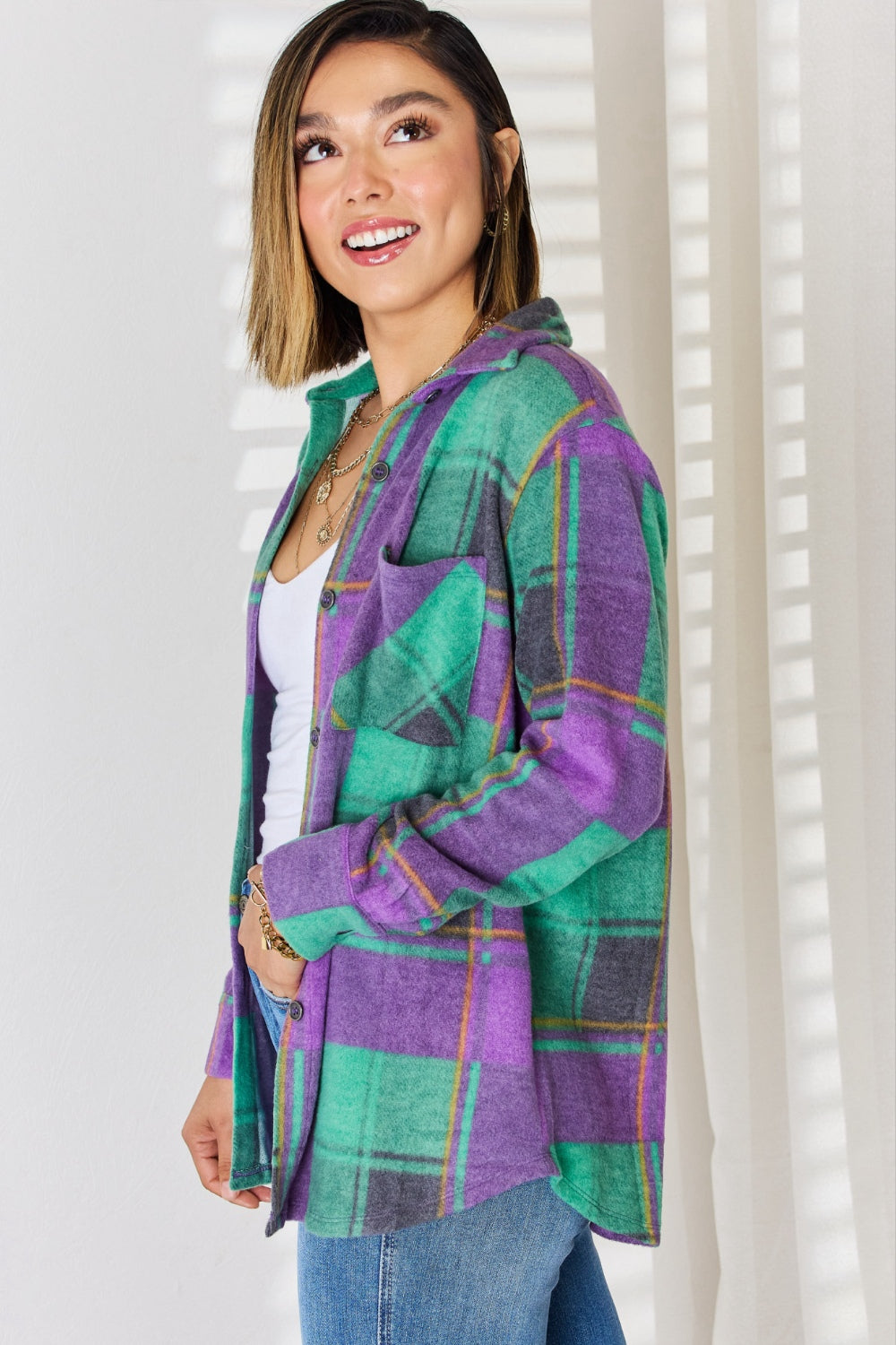 Zenana Plaid Button Up Long Sleeve Shacket 