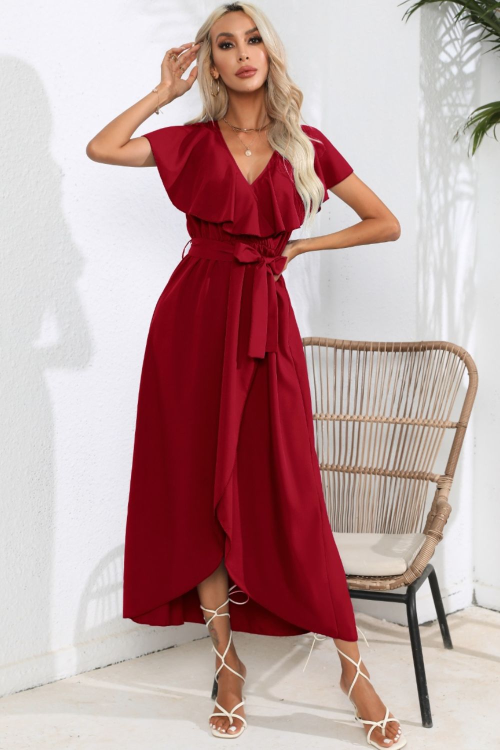 Ruffled Tied V-Neck Midi Dress - Babbazon Midi Dress