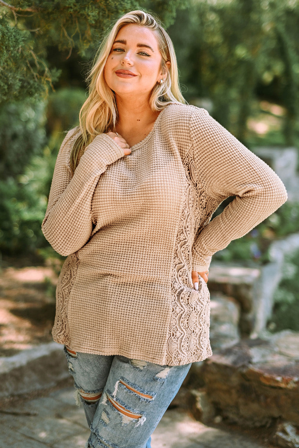 Plus Size Waffle-Knit Spliced Lace Top 