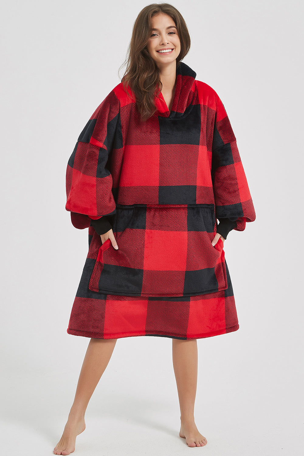 Plaid Hooded Oversize Fuzzy Lounge Dress 