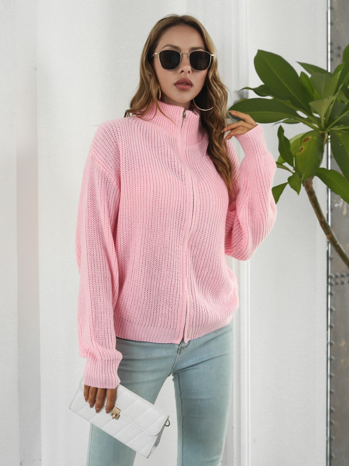 Turtleneck Zip Up Long Sleeve Knit Top 