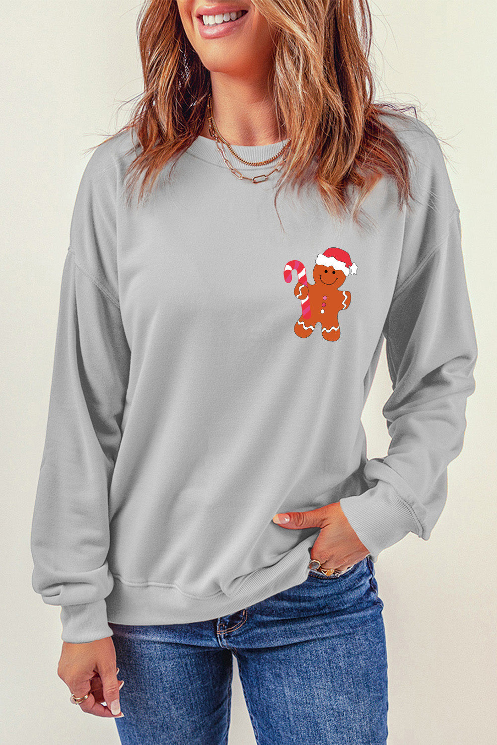 Gingerbread Round Neck Dropped Shoulder Sweatshirt 