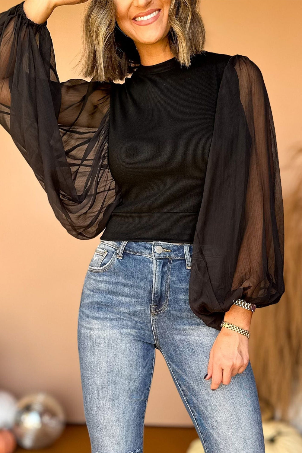 Mock Neck Balloon Sleeve Blouse - Babbazon Camisole