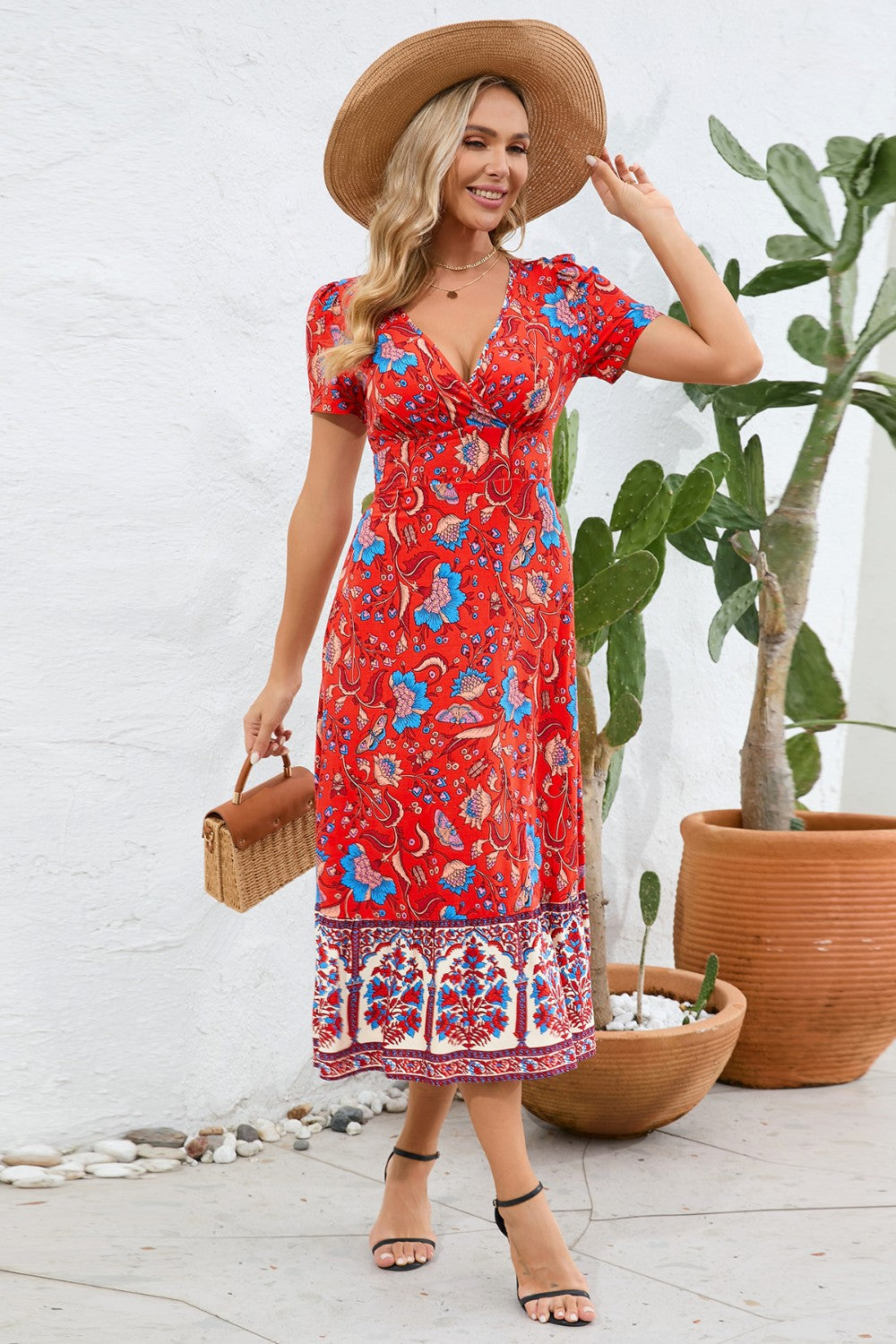 Printed Surplice Short Sleeve Dress 