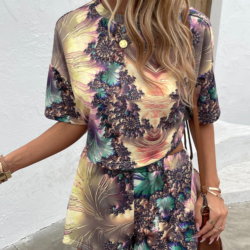 Printed Round Neck Dropped Shoulder Half Sleeve Top and Shorts Set 