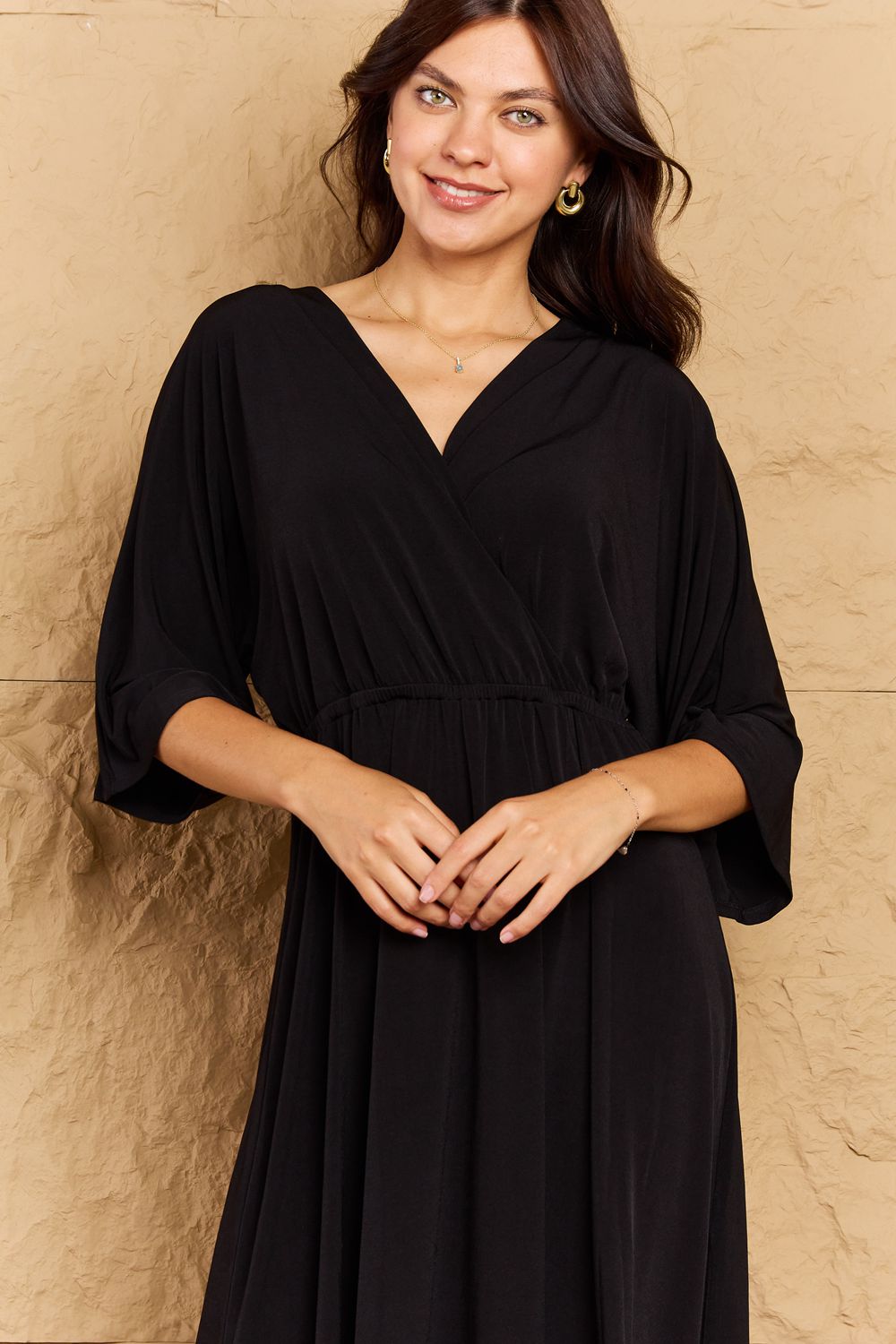 OneTheLand Make Your Move Solid Surplice Midi Dress 