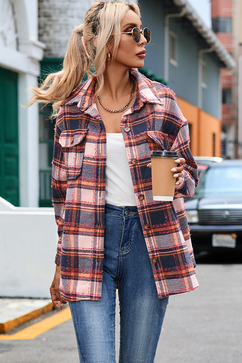 Plaid Dropped Shoulder Shirt Jacket 