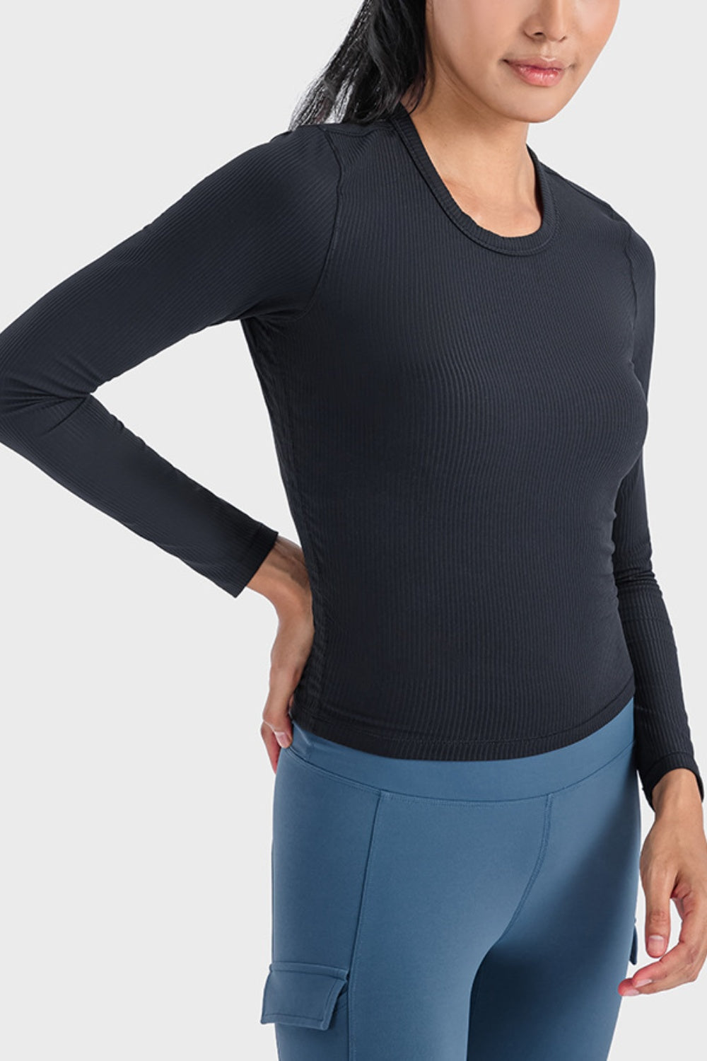 Round Neck Long Sleeve Sports Top - Babbazon Tops