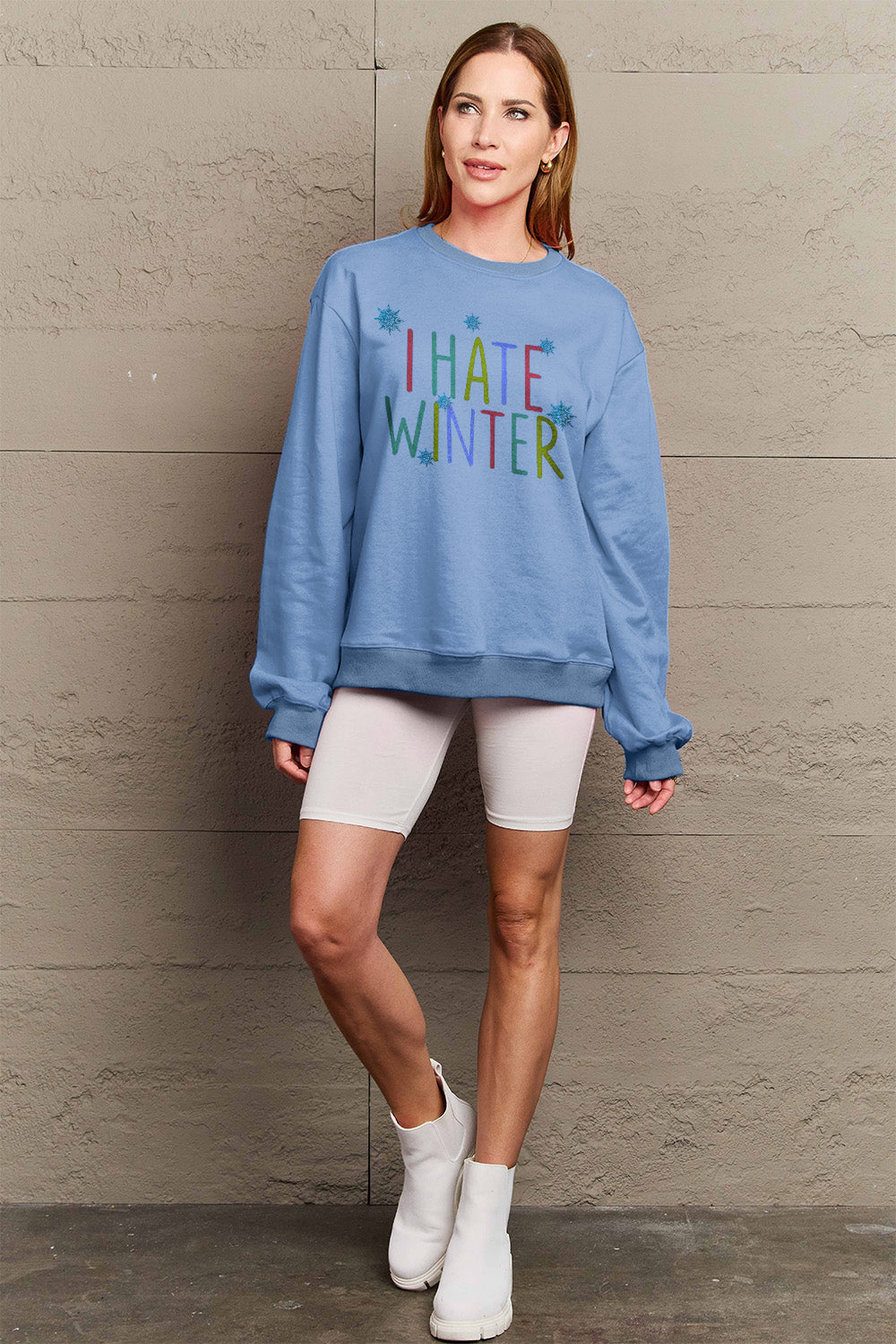 Simply Love Full Size I HATE WINTER Dropped Shoulder Sweatshirt 