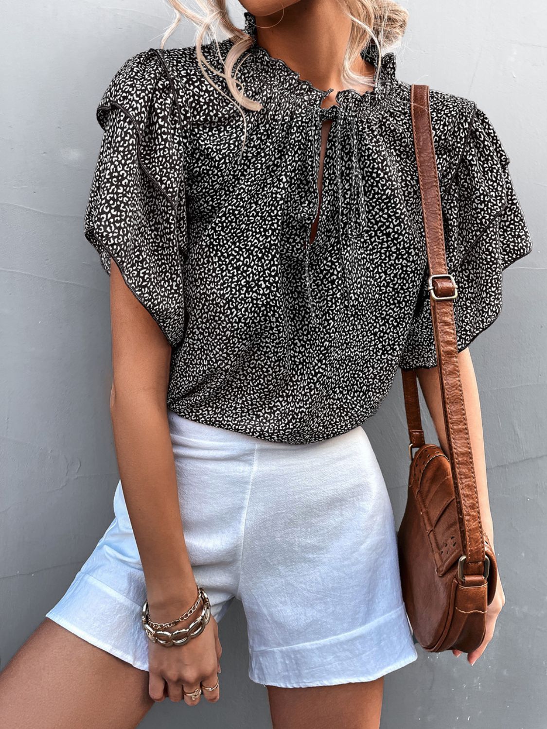 Printed Flutter Sleeve V-Neck Top 