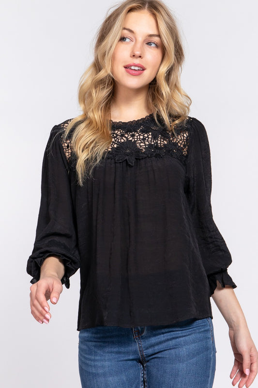 ACTIVE BASIC Crochet Lace Panel Flounce Sleeve Blouse 