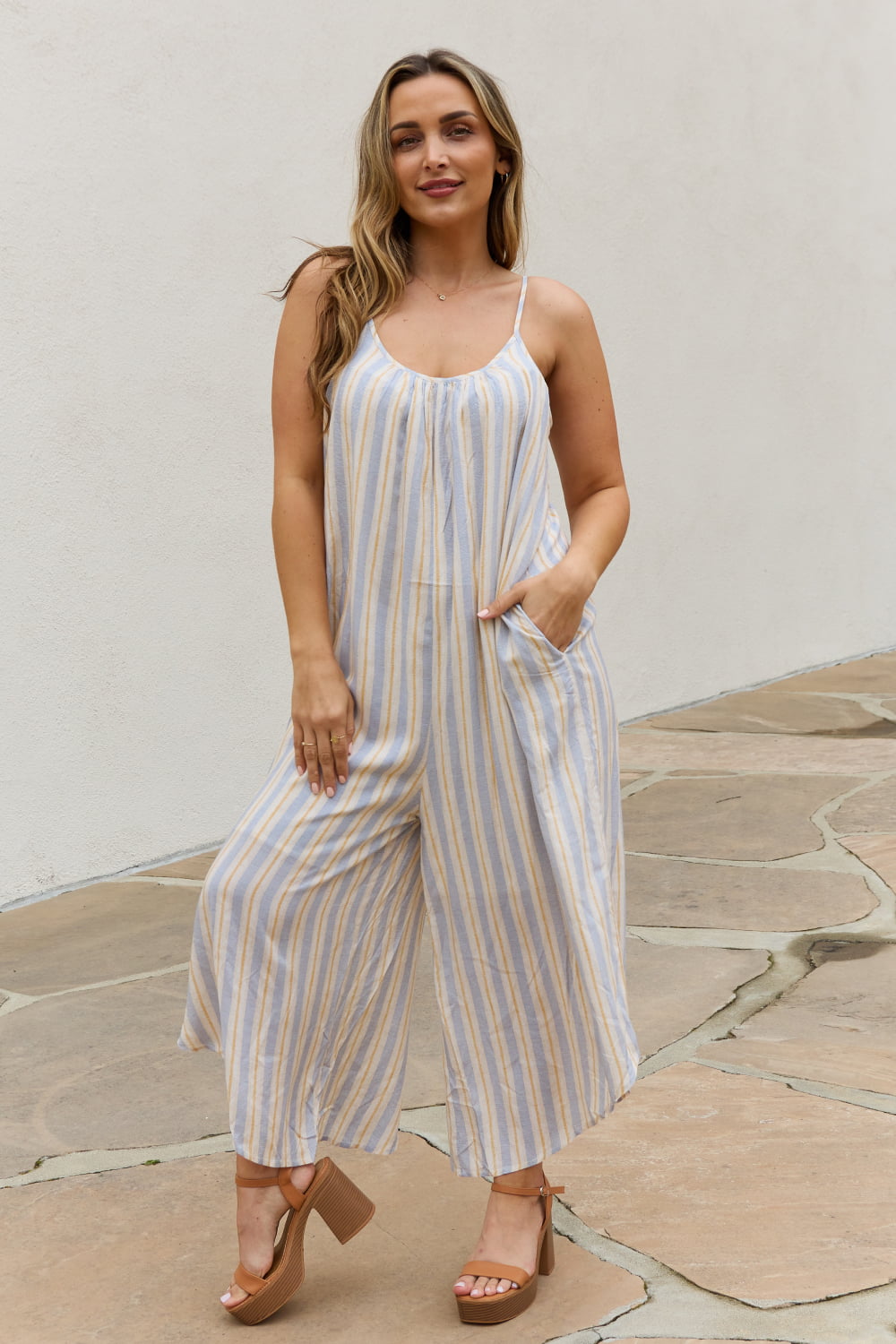 HEYSON Full Size Multi Colored Striped Jumpsuit with Pockets 