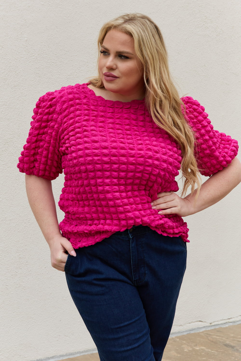 And The Why Full Size Bubble Textured Puff Sleeve Top 