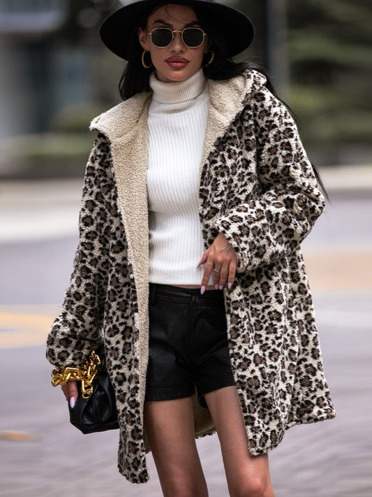 Leopard Hooded Coat with Pockets 