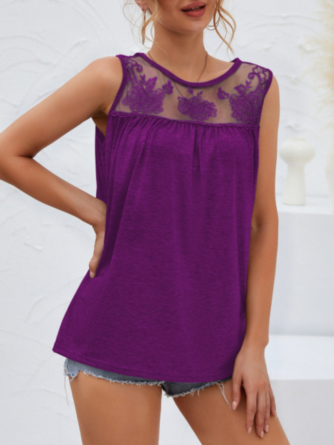 Lace Detail Round Neck Tank - Babbazon