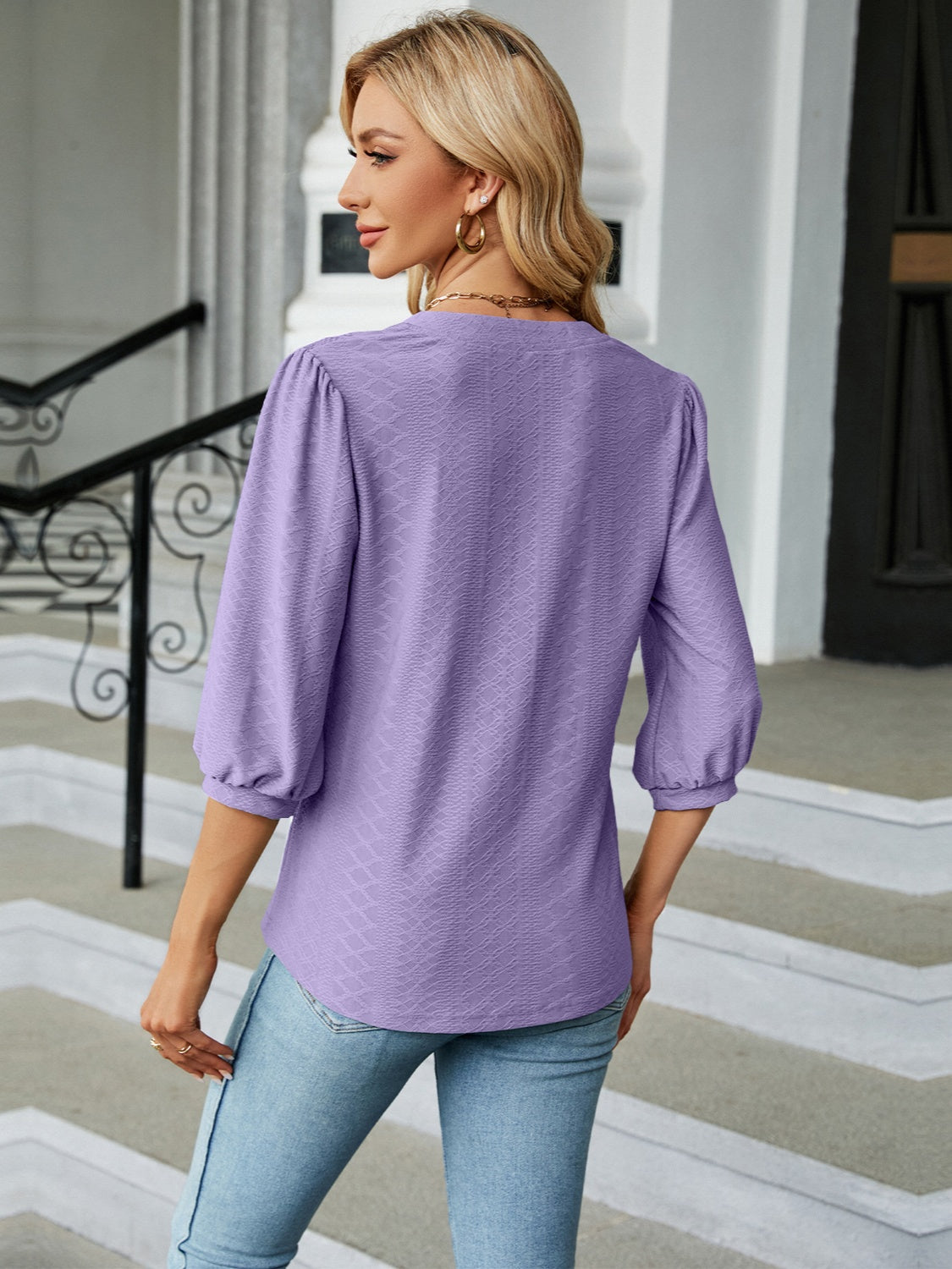 Textured Notched Three-Quarter Sleeve Blouse 