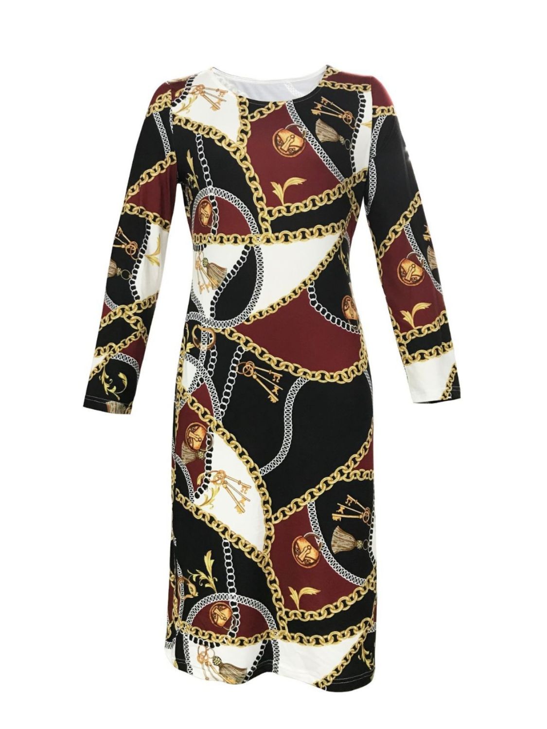 Printed Round Neck Long Sleeve Midi Dress 