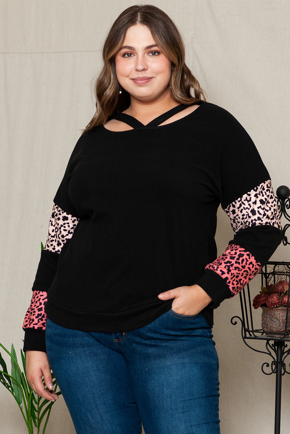 Plus Size Leopard Dropped Shoulder Long Sleeve T-Shirt 