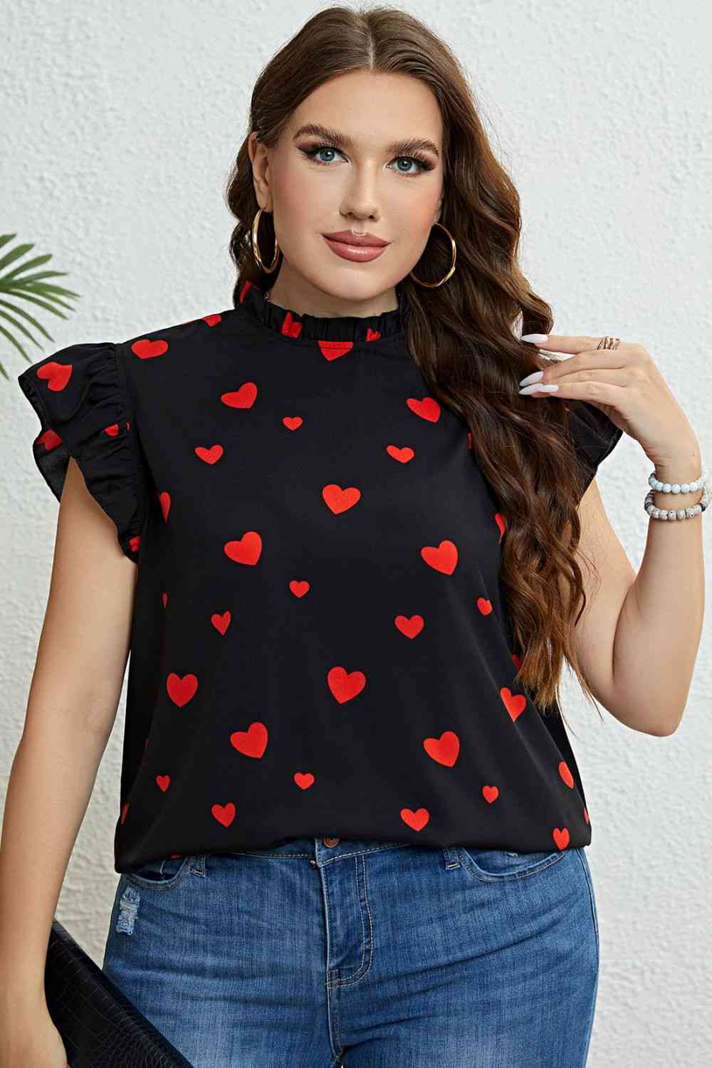 Plus Size Heart Print Butterfly Sleeve Mock Neck Top 